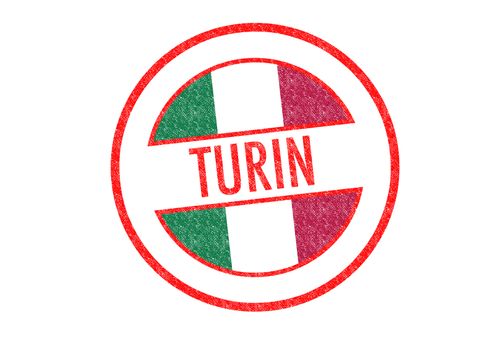 Passport-style TURIN rubber stamp over a white background.