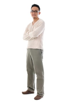 Front view full body Asian man in casual wear standing isolated on white background. Asian male model.