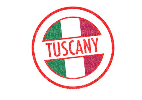 Passport-style TUSCANY rubber stamp over a white background.
