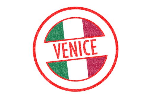 Passport-style VENICE rubber stamp over a white background.