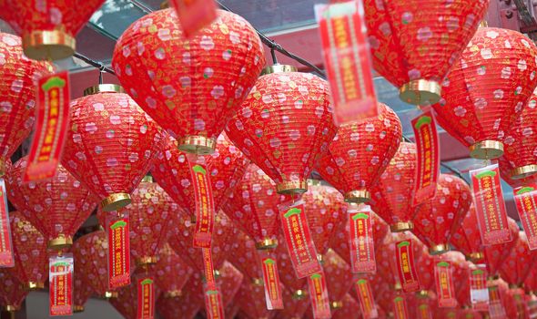 Traditional chinese red lamp near the temple