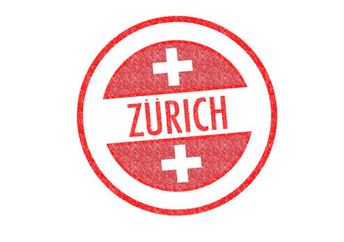 Passport-style ZURICH rubber stamp over a white background.