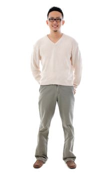 Southeast Asian Chinese man. Front view full length of Asian male isolated on white background.