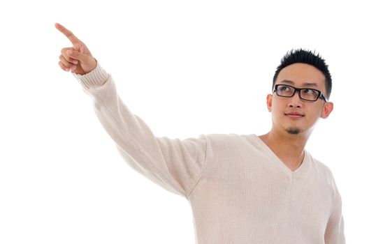 Asian man finger touching on transparent virtual screen, space for text/button, isolated on white background. 