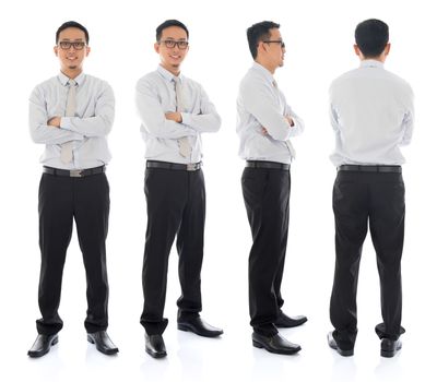 Full body arms folded Asian businessman in different angle, front, side and rear view. Standing isolated on white background. Asian male model.