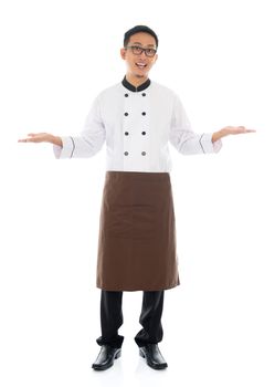 Full body Asian male chef hands showing blank space, welcome guest concept, standing isolated white background.