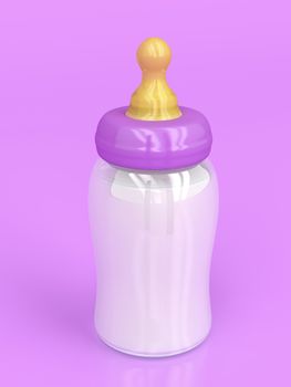 Baby bottle with milk on shiny purple background 