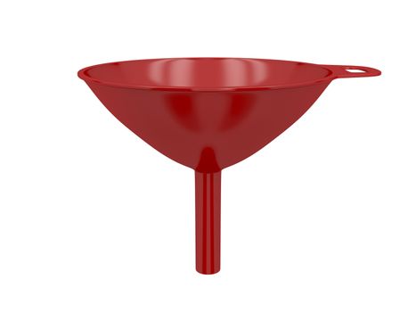 Red plastic funnel isolated on white background