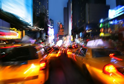 Illumination and night lights of New York City. Intentional motion blur