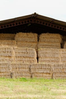 straw bales under the roof in the meadow