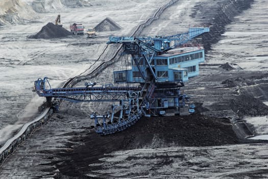 Coal mining in an open pit with huge industrial machine