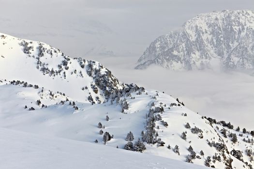 Snowy mountains in winter weather