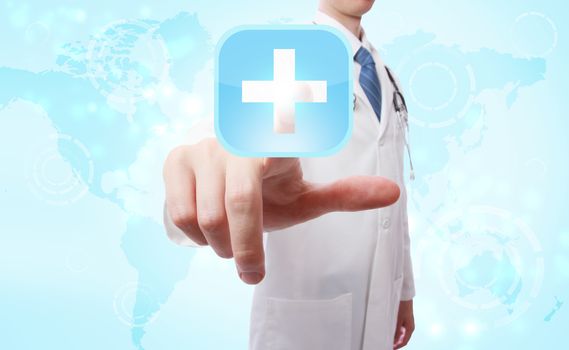 Medical Doctor pushing a blue cross icon over world map background