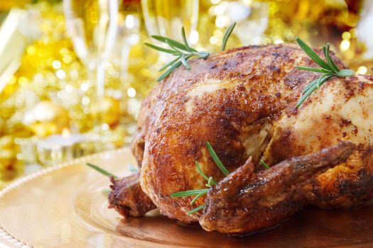 Whole Roasted Chicken with a Holiday Celebration Dinner Table