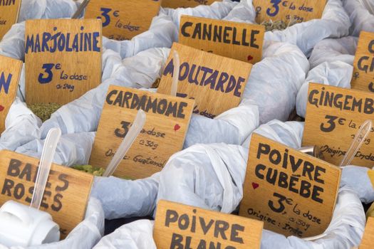 Closeup of herbs like origanum, marjoram and lavender on a market in France