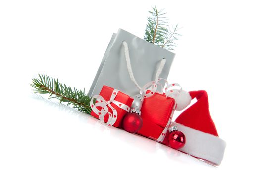 Christmas presents in Red and Silver on a white background