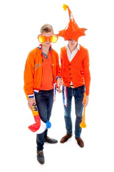 two disapointed fans of the dutch football team on a white background