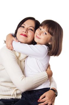 Happy mother and daughter hugging isolated on white