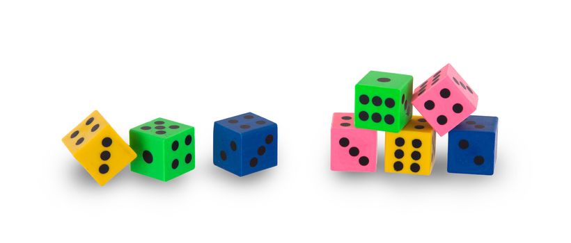 Eight colorfull pensil erasers in the shape of dice, isolated on white