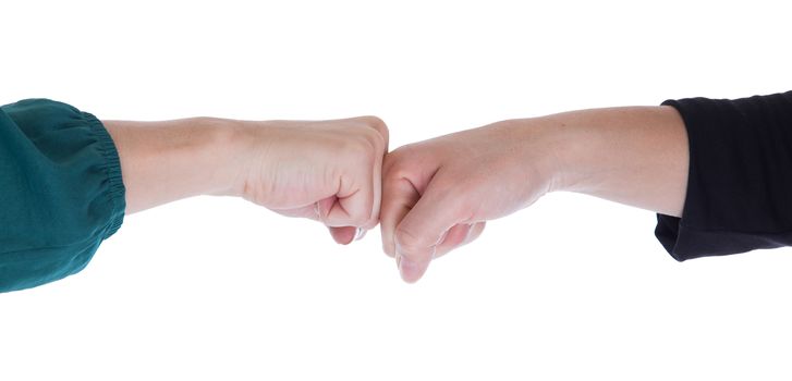 Close up of two women shaking hands, isolated on white