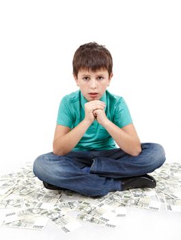 boy sitting on money, money concept, how to be successful, isolated on white background