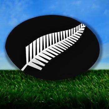 Rugby ball with New Zealand uniform colors, with silver fern, over grass