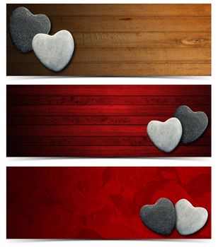 Two stone hearts on wood and red velvet background - Three banners
