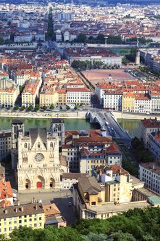 Famous view of Lyon from the top of Notre Dame de Fourviere Basilica