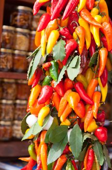 Bunch of multicolored hot peppers with a bay leaf on a market