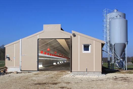 photo of a barn with grain silos for breeding hens and chickens