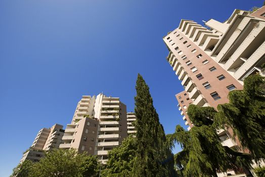 Three tall buildings with trees and blue sky