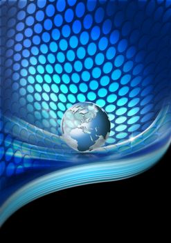 Black and blue business background with waves, globe and reflections