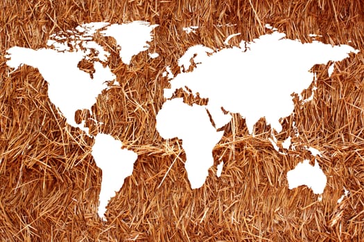 a planisphere or map of the world on a background of straw or hay for organic farming