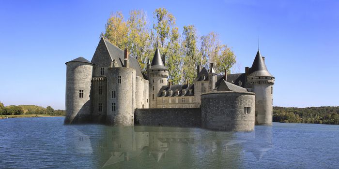A castle in the middle of a lake of loisrs nautical bordered of forest