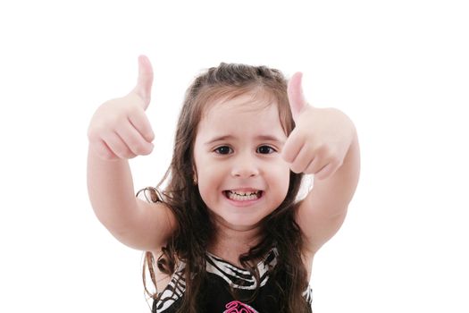 Close up portrait of cute girl showing thumbs up.Isolated on white