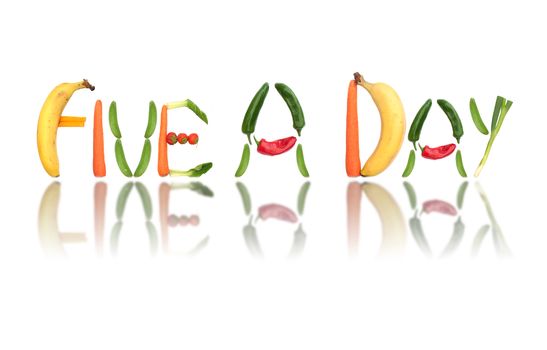 Fruits and vegetables spell the words five a day 