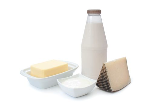 Various dairy products including cheese, butter, cream and milk