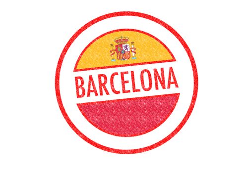 Passport-style BARCELONA rubber stamp over a white background.