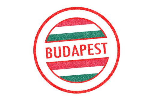 Passport-style BUDAPEST rubber stamp over a white background.