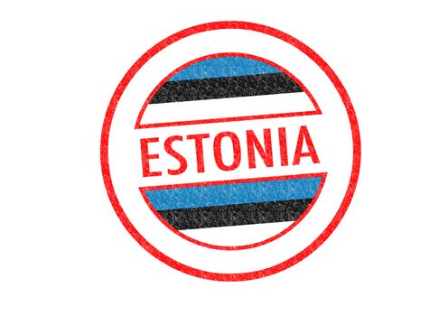 Passport-style ESTONIA rubber stamp over a white background.