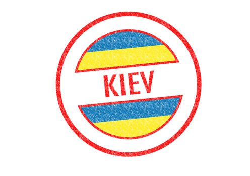 Passport-style KIEV rubber stamp over a white background.