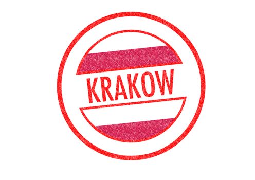 Passport-style KRAKOW rubber stamp over a white background.