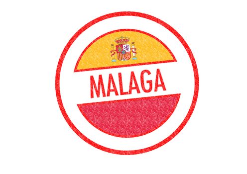 Passport-style MALAGA rubber stamp over a white background.