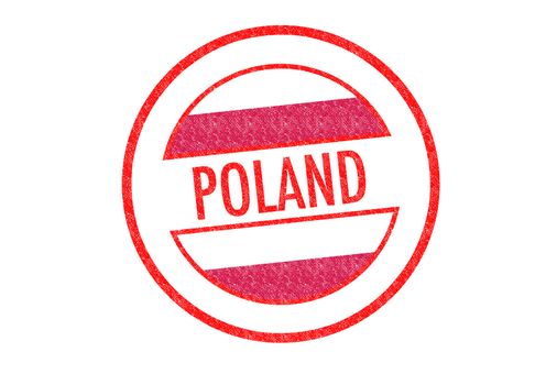 Passport-style POLAND rubber stamp over a white background.
