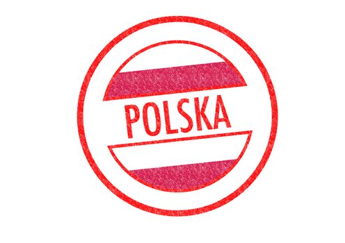 Passport-style POLSKA rubber stamp over a white background.