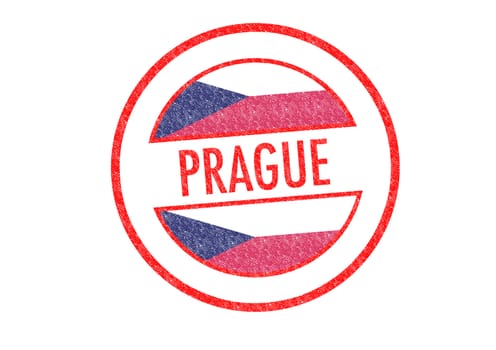 Passport-style PRAGUE rubber stamp over a white background.