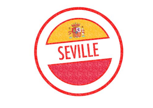 Passport-style SEVILLE rubber stamp over a white background.