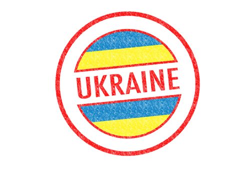 Passport-style UKRAINE rubber stamp over a white background.