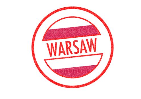 Passport-style WARSAW rubber stamp over a white background.