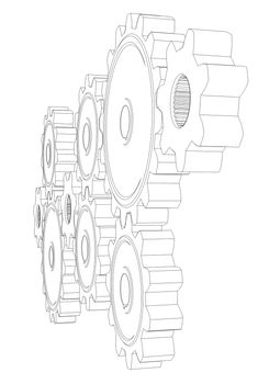 Wire frame gears. 3d rendering on white background